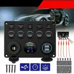 Pannello 5 interruttori 12V/24V LED USB Voltmetro HO-0517A1-RG