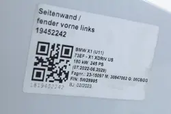 Fram Vänster Skärm BMW U11 X1 A300 ALPINWEISS