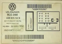 Radio VW RCD200 OEM 6Q0035152B con código PIN