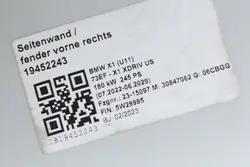 Fram Höger Skärm BMW U11 X1 A300 ALPINWEISS