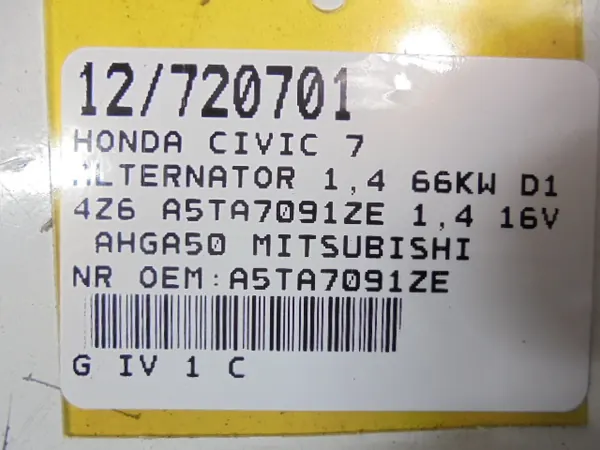 HONDA CIVIC 7 VII 1.4 Alternaattori A5TA7091ZE image 10