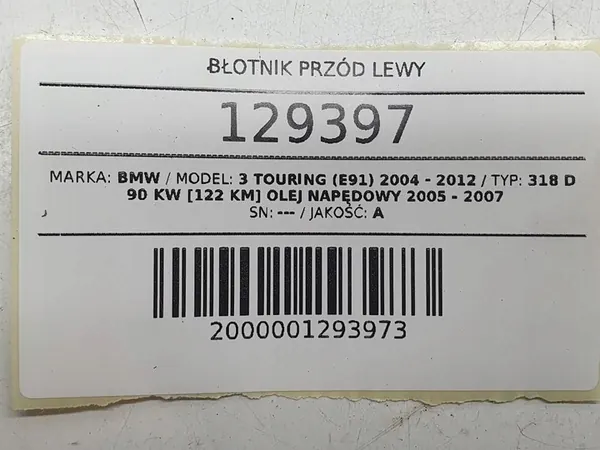 Aile Avant Gauche BMW 3 E90 E91 Schwarz 2 image 8