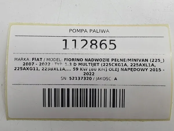 Brandstofpomp drijver Diesel 1.3 M-Jet Fiat Fiorino Bipper Nemo OEM 52137320 image 7