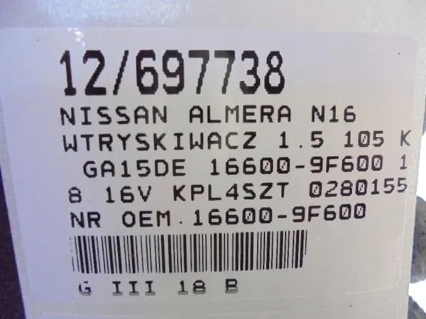 NISSAN ALMERA N16 Injektorer 16600-9F600 image 7