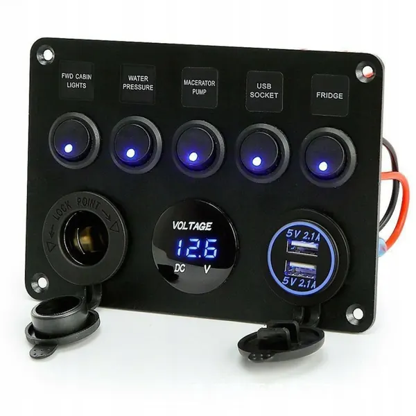 Panel 5 interruptores 12V/24V LED USB Voltímetro HO-0517A1-RG image 3