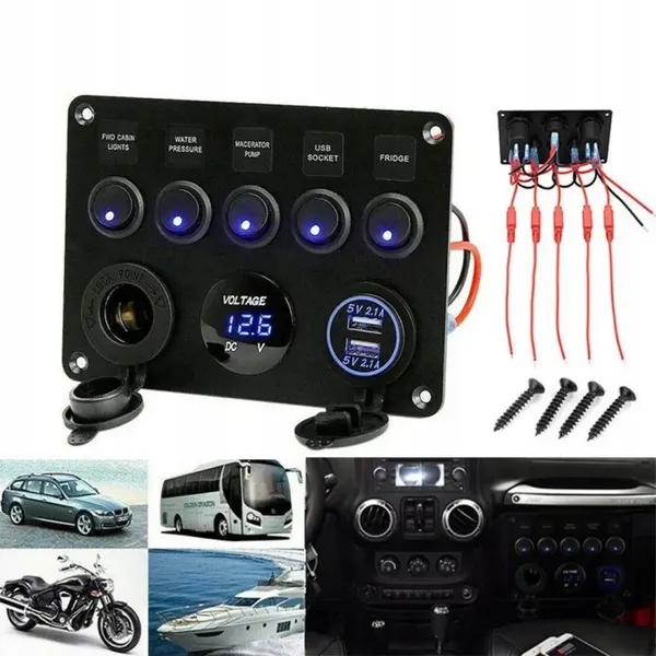 Panel 5 interruptores 12V/24V LED USB Voltímetro HO-0517A1-RG image 5