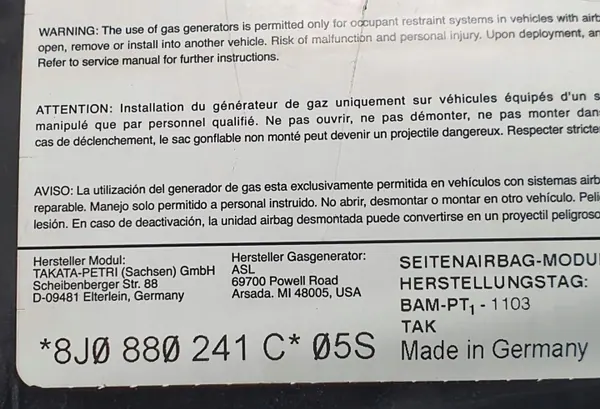 OEM 8J0880241C Airbag för Audi TT 8J Vänster Framstol image 4