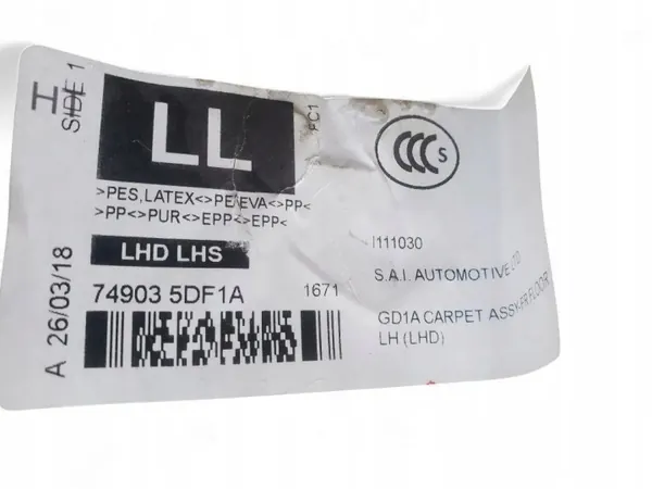 Matta OEM 749035DF1A Vänster Fram Infiniti Q30 QX30 image 5