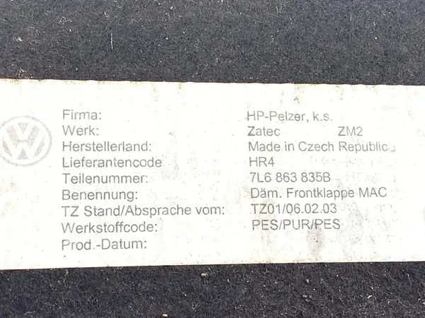 VW TOUAREG SUV Motorkap Isolatie 02-13 7L6863835B image 4