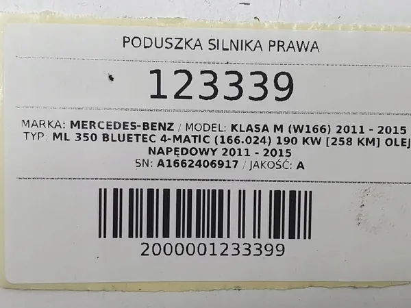 Cuscinetto di montaggio motore destro 3.0 D Mercedes ML W166 A1662406917 image 7