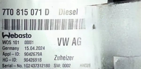 VW T7 Multivan Webasto Standkachel 7T0815071D image 3