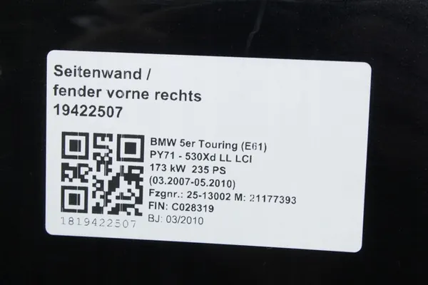 Parafango Anteriore Destro BMW E60 E61 475 BLACKSAPPHIRE image 4