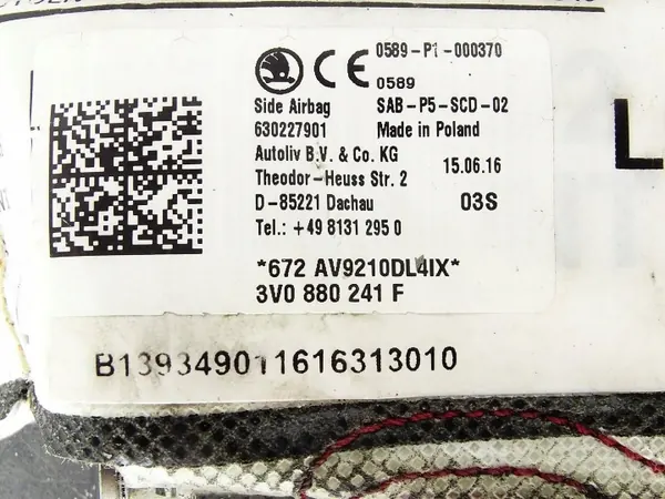 Airbag banco esquerdo SEAT OE 3V0880241F - Usado image 5