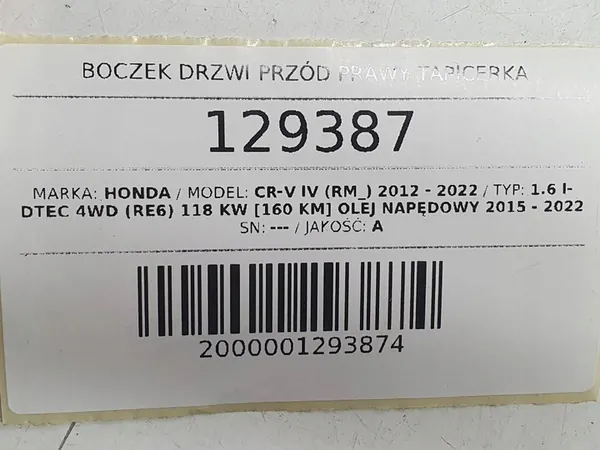 Painel de Porta Dianteira Direita Honda CR-V Couro Bege OEM image 8