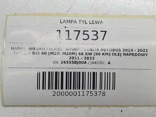 Lámpara trasera izquierda 26555BJ00A Nissan NV200 2015 image 7