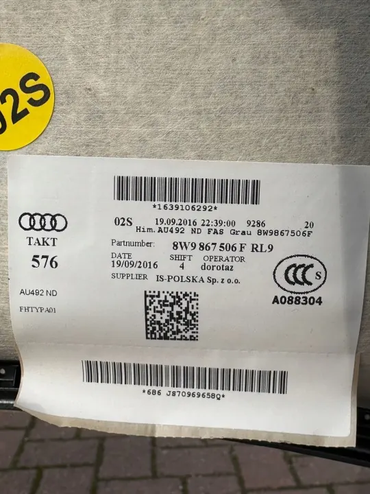Audi A4 B9 Avant Harmaa Katto OEM 8W9867506F image 9