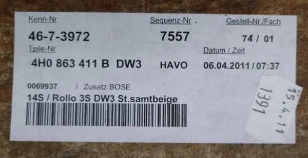 Beige hylly OEM 4H0863411B DW3 Audi A8 D4:lle image 6
