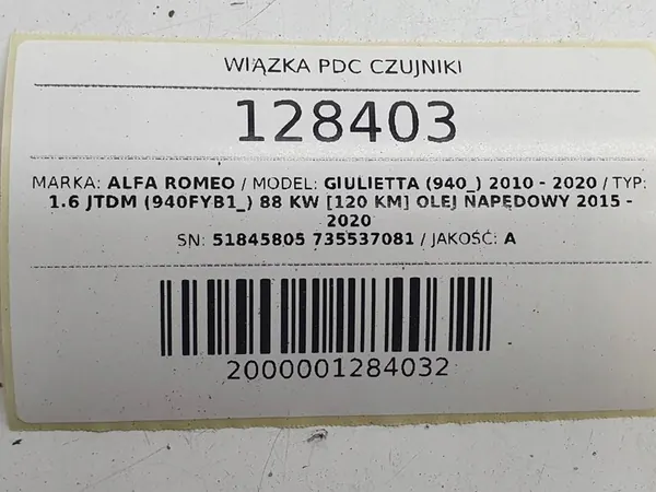 Bakre PDC-kabel Alfa Romeo Giulietta 940 OEM 51845805 image 8