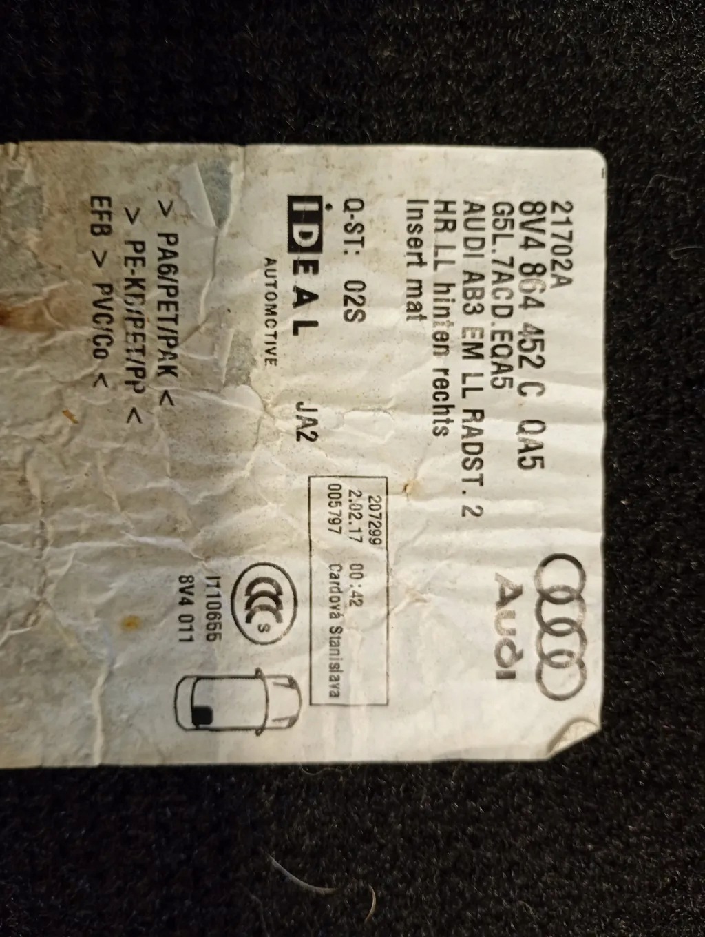Audi A3 8V Tapis Velours Complet OEM 8V4864452C image 4